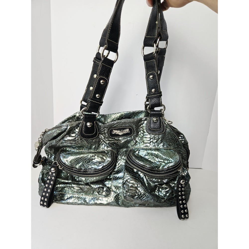 Vintage Kathy Von Zeeland Purse green black shiny snakeskin pattern handbag